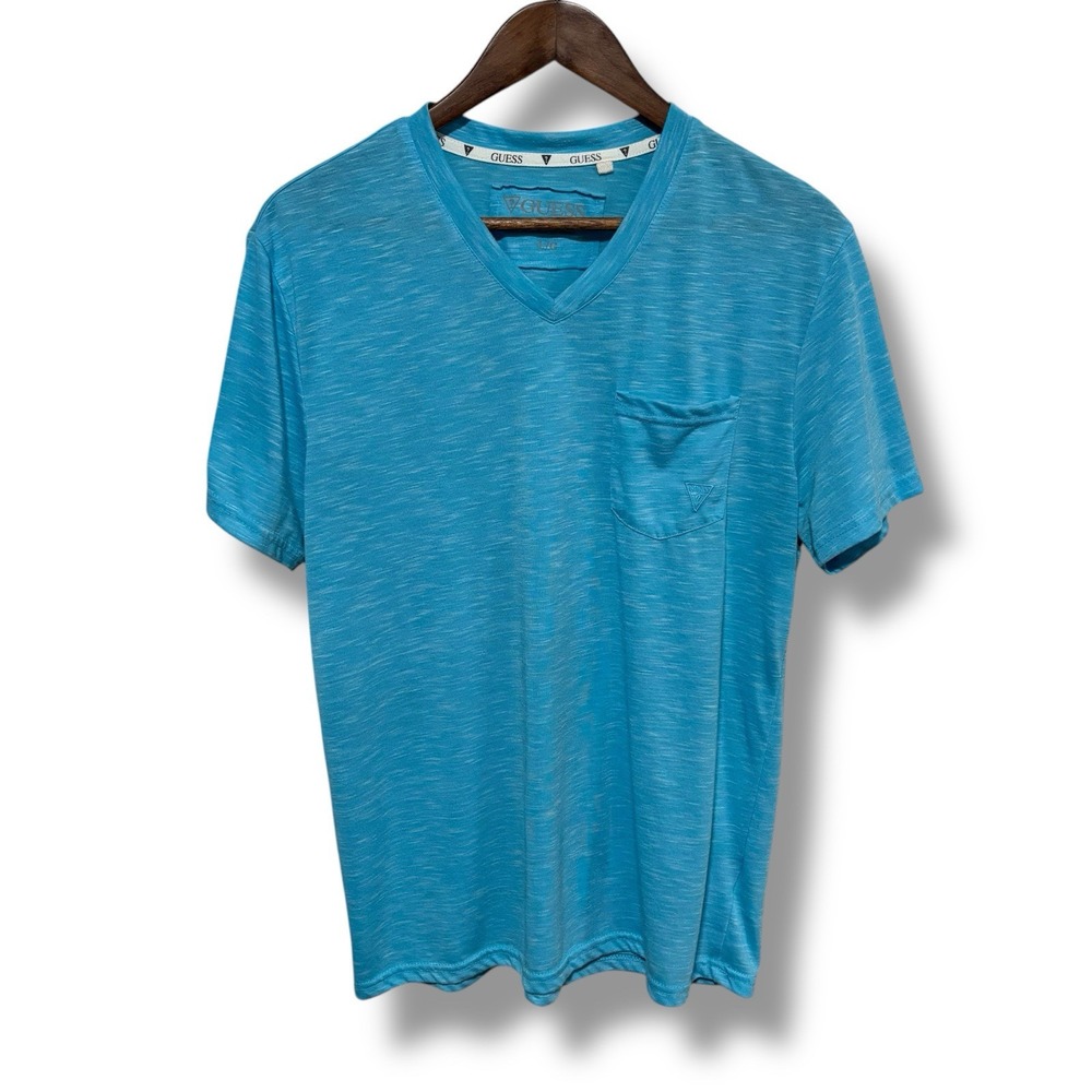 GUESS Men's Pocket Logo V Neck Shirt Blue‎ Size Large 20 x 28